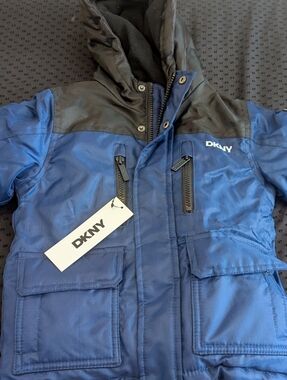 DKNY Blue and Black Hooded Puffer Jacket for Kids